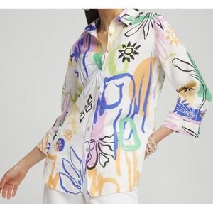 NWT Chico's Size 3 / 16 No Iron Linen Abstract Floral 3/4 Sleeve Button Shirt